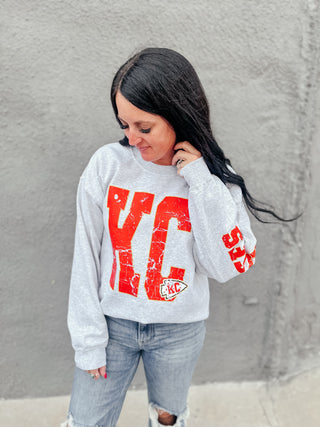 KC Football Chiefs Sleeve Sweatshirt-Pullovers-Southern Babe Wholesale-Motis & Co Boutique, Women's Fashion Boutique in Carthage, Missouri