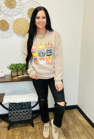 Pumpkin Bow Corded Pullover in Khaki-graphic Sweatshirt-Dear Lover-Motis & Co Boutique, Women's Fashion Boutique in Carthage, Missouri