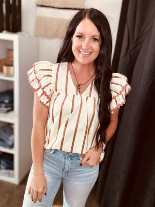 Sophie Taupe V-Neck Ruffle Sleeve Top-Short Sleeves-Entro-Motis & Co Boutique, Women's Fashion Boutique in Carthage, Missouri