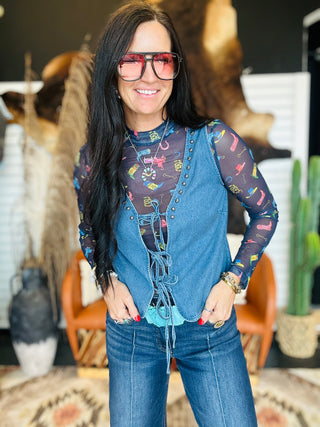 Ida Navy Western Print Mesh Top-Long Sleeves-Lucky & Blessed-Motis & Co Boutique, Women's Fashion Boutique in Carthage, Missouri