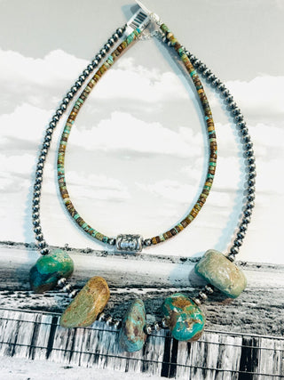 Green Turquoise Heishi & Sterling Silver Barrel Bead Necklace