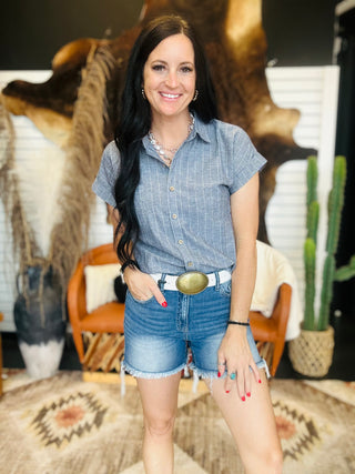 Sophia Navy Pin Stripe Linen Blouse-Short Sleeves-blu pepper-Motis & Co Boutique, Women's Fashion Boutique in Carthage, Missouri
