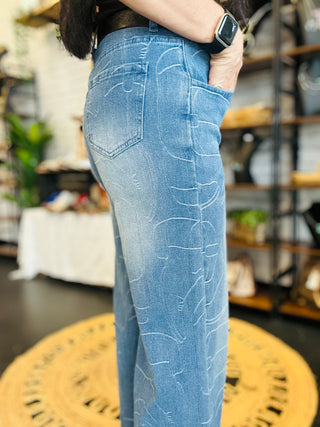 Dally Denim Threads Boot Print Jeans-Jeans-2 Fly-Motis & Co Boutique, Women's Fashion Boutique in Carthage, Missouri