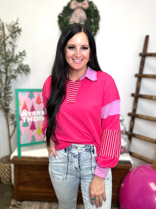 Brynn Pink Stripe Color-Block Sweatshirt-Long Sleeves-Jodifl-Motis & Co Boutique, Women's Fashion Boutique in Carthage, Missouri