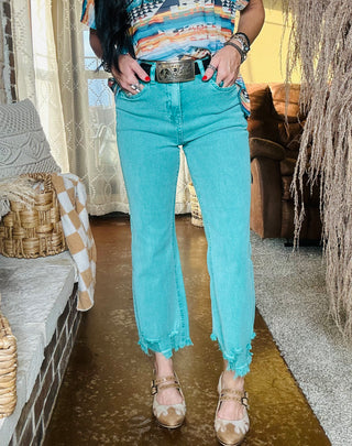 Outlaw Turquoise Cropped Jeans-Jeans-sterling kreek-Motis & Co Boutique, Women's Fashion Boutique in Carthage, Missouri