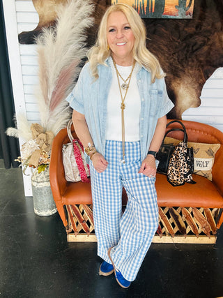 Cora Chambray Button Front Blouse-Short Sleeves-Very J-Motis & Co Boutique, Women's Fashion Boutique in Carthage, Missouri