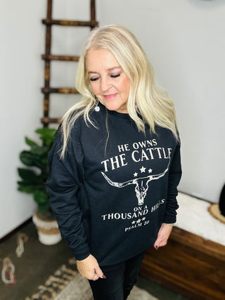 He Owns The Cattle Sweatshirt-Pullovers-Motis & CO-Motis & Co Boutique, Women's Fashion Boutique in Carthage, Missouri