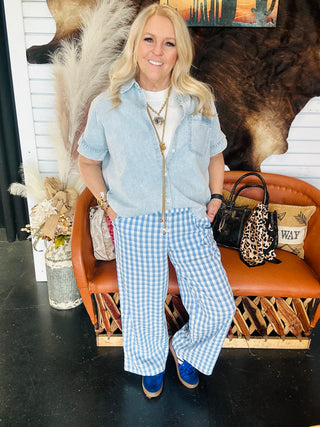 Cora Chambray Button Front Blouse-Short Sleeves-Very J-Motis & Co Boutique, Women's Fashion Boutique in Carthage, Missouri