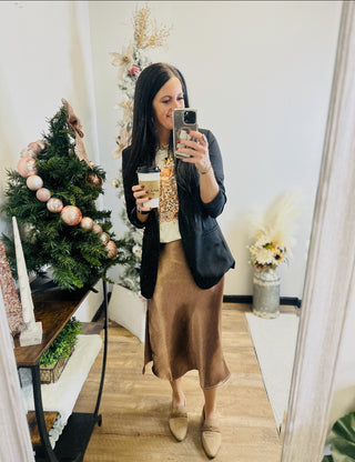 Miles Midi Satin Skirt - Brown-Dresses-LA MIEL-Motis & Co Boutique, Women's Fashion Boutique in Carthage, Missouri