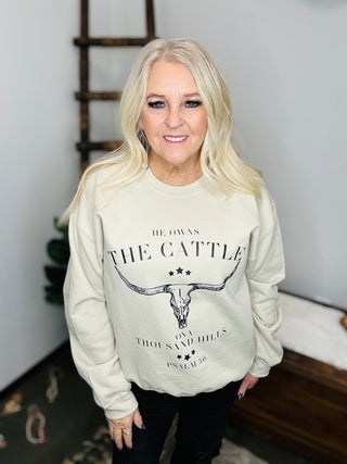 He Owns The Cattle Sweatshirt-Pullovers-Motis & CO-Motis & Co Boutique, Women's Fashion Boutique in Carthage, Missouri