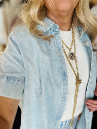 Cora Chambray Button Front Blouse-Short Sleeves-Very J-Motis & Co Boutique, Women's Fashion Boutique in Carthage, Missouri