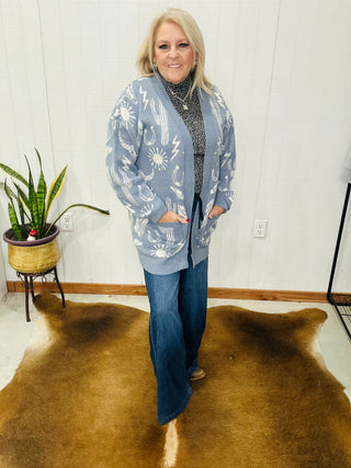 Willa Blue Graphic Sweater Western Cardigan-Cardigans-Very J-Motis & Co Boutique, Women's Fashion Boutique in Carthage, Missouri