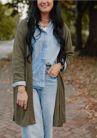 Long Sleeve Long Cardigan Olive - Jordan-Cardigans-Dear Scarlett-Motis & Co Boutique, Women's Fashion Boutique in Carthage, Missouri
