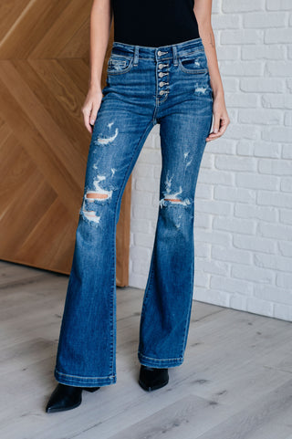 Gabriella Mid Rise Distressed Button Fly Flare-Jeans-Ave Shops-Motis & Co Boutique, Women's Fashion Boutique in Carthage, Missouri