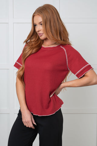 Heartbreaker Waffle Knit Tee in Cranberry-Tops-Ave Shops-Motis & Co Boutique, Women's Fashion Boutique in Carthage, Missouri