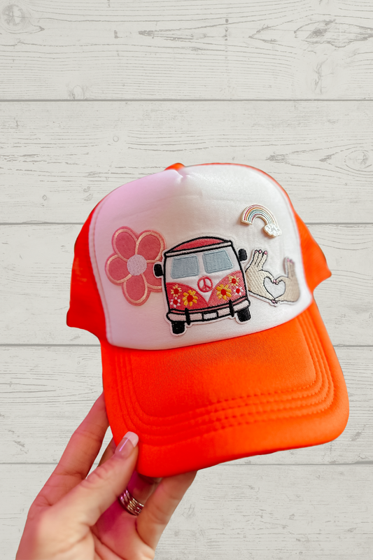 Orange Peace Daisy Hippie Bus Trucker Hat