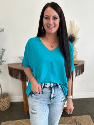 Crinkle Woven V-Neck Top Teal-Short Sleeves-Zenana-Motis & Co Boutique, Women's Fashion Boutique in Carthage, Missouri