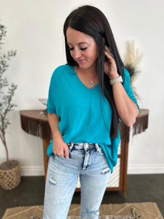 Crinkle Woven V-Neck Top Teal-Short Sleeves-Zenana-Motis & Co Boutique, Women's Fashion Boutique in Carthage, Missouri