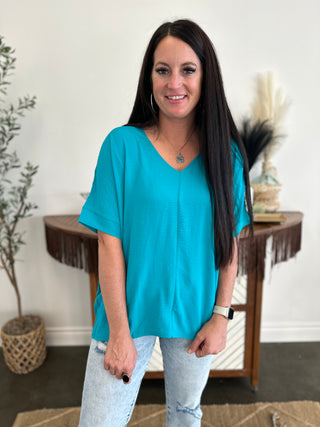 Crinkle Woven V-Neck Top Teal-Short Sleeves-Zenana-Motis & Co Boutique, Women's Fashion Boutique in Carthage, Missouri