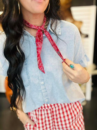 Cora Chambray Button Front Blouse-Short Sleeves-Very J-Motis & Co Boutique, Women's Fashion Boutique in Carthage, Missouri