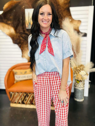 Cora Chambray Button Front Blouse-Short Sleeves-Very J-Motis & Co Boutique, Women's Fashion Boutique in Carthage, Missouri