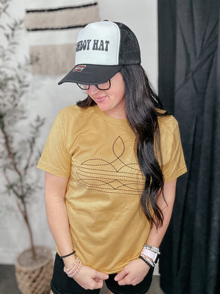 Western Boot Stitch Mustard Graphic Tee-Graphic Tees-The Lattimore Claim-Motis & Co Boutique, Women's Fashion Boutique in Carthage, Missouri