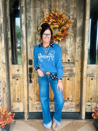 Howdy Embroidered Crewneck Sweater in Blue