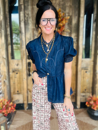 High Roller Denim Top-Short Sleeves-2 Fly-Motis & Co Boutique, Women's Fashion Boutique in Carthage, Missouri