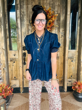 High Roller Denim Top-Short Sleeves-2 Fly-Motis & Co Boutique, Women's Fashion Boutique in Carthage, Missouri