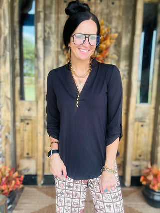 Klassic Charm V Neck Blouse - Black