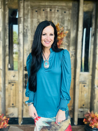 Canyon Call Long Sleeve Blouse - Teal-Long Sleeves-sterling kreek-Motis & Co Boutique, Women's Fashion Boutique in Carthage, Missouri