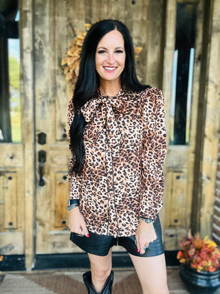 Catty Leopard Print Bow Tie Neck Blouse