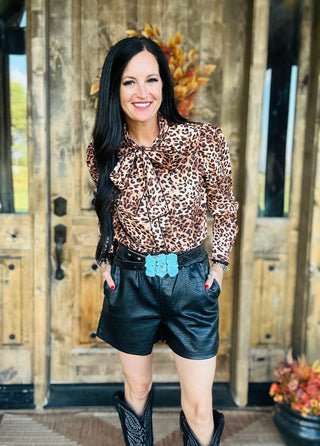 Catty Leopard Print Bow Tie Neck Blouse