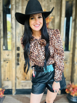 Catty Leopard Print Bow Tie Neck Blouse