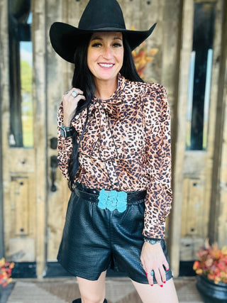 Catty Leopard Print Bow Tie Neck Blouse