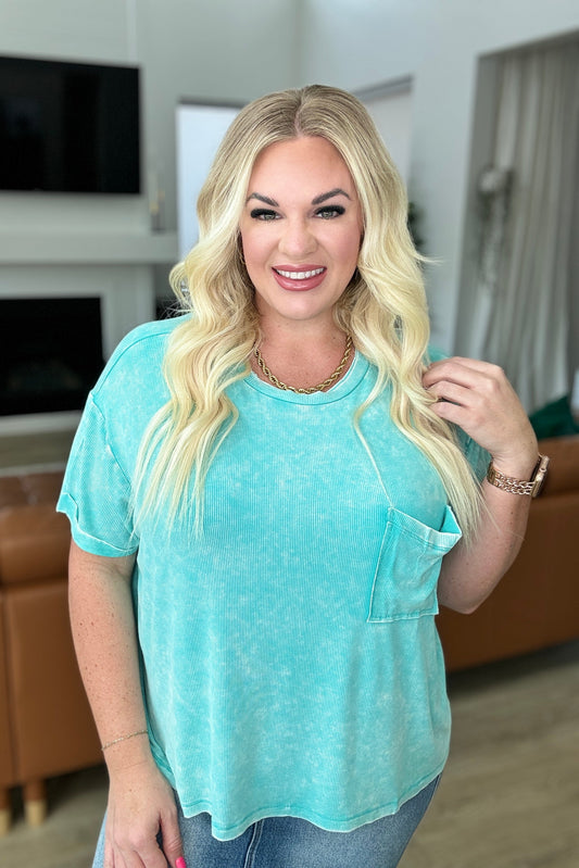 Mineral Wash Ribbed Round Neck Top in Turquoise