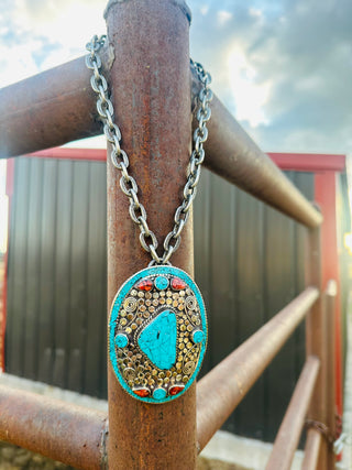 Granby Turquoise and Coral Buckle Necklace-Necklaces-V2-Motis & Co Boutique, Women's Fashion Boutique in Carthage, Missouri