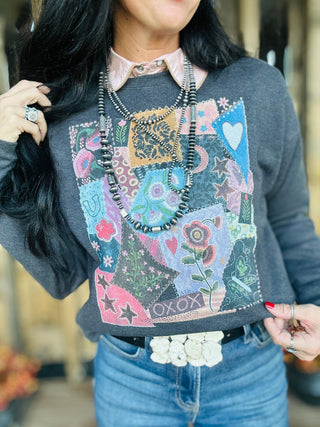 XOXO Quilted Velvet Western Patchwork Sweatshirt-graphic Sweatshirt-XOXO ART & Co-Motis & Co Boutique, Women's Fashion Boutique in Carthage, Missouri
