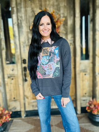 XOXO Quilted Velvet Western Patchwork Sweatshirt-graphic Sweatshirt-XOXO ART & Co-Motis & Co Boutique, Women's Fashion Boutique in Carthage, Missouri