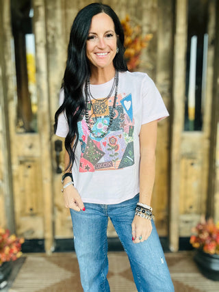 XOXO Quilted Patchwork Graphic Tee-Graphic Tees-XOXO ART & Co-Motis & Co Boutique, Women's Fashion Boutique in Carthage, Missouri