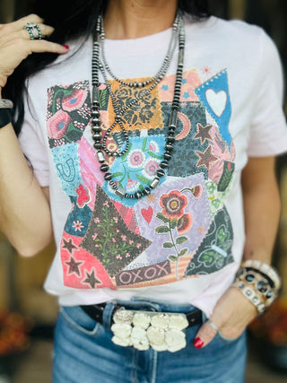 XOXO Quilted Patchwork Graphic Tee-Graphic Tees-XOXO ART & Co-Motis & Co Boutique, Women's Fashion Boutique in Carthage, Missouri