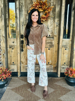Krista Puff Sleeve Corduroy Blouse Mocha-Short Sleeves-EASEL-Motis & Co Boutique, Women's Fashion Boutique in Carthage, Missouri