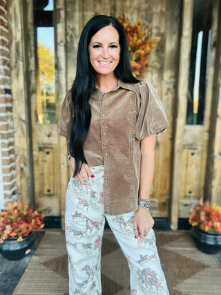 Krista Puff Sleeve Corduroy Blouse Mocha-Short Sleeves-EASEL-Motis & Co Boutique, Women's Fashion Boutique in Carthage, Missouri