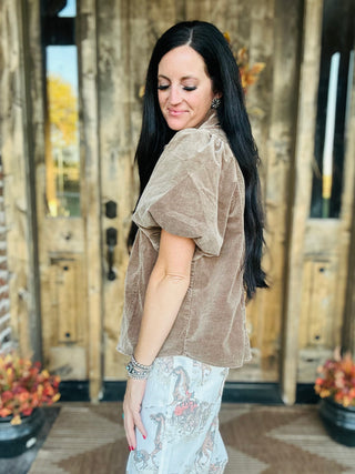 Krista Puff Sleeve Corduroy Blouse Mocha-Short Sleeves-EASEL-Motis & Co Boutique, Women's Fashion Boutique in Carthage, Missouri