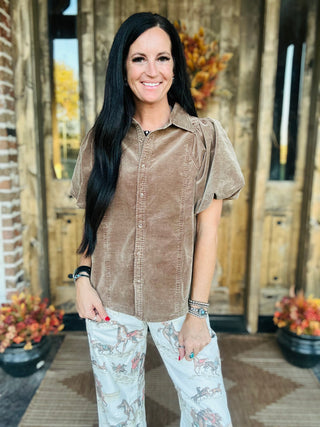 Krista Puff Sleeve Corduroy Blouse Mocha-Short Sleeves-EASEL-Motis & Co Boutique, Women's Fashion Boutique in Carthage, Missouri