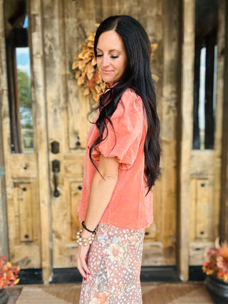 Krista Puff Sleeve Corduroy Blouse Rust-Short Sleeves-EASEL-Motis & Co Boutique, Women's Fashion Boutique in Carthage, Missouri