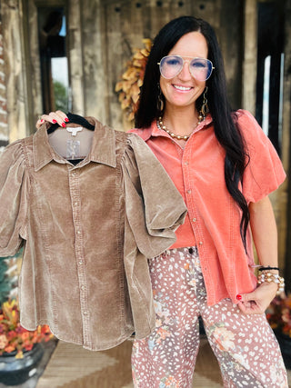 Krista Puff Sleeve Corduroy Blouse Rust-Short Sleeves-EASEL-Motis & Co Boutique, Women's Fashion Boutique in Carthage, Missouri