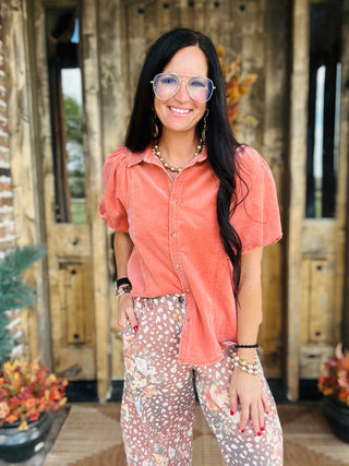 Krista Puff Sleeve Corduroy Blouse Rust-Short Sleeves-EASEL-Motis & Co Boutique, Women's Fashion Boutique in Carthage, Missouri