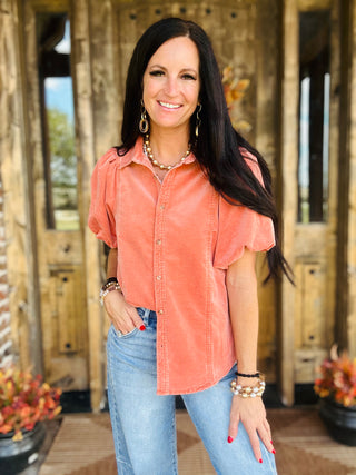 Krista Puff Sleeve Corduroy Blouse Rust-Short Sleeves-EASEL-Motis & Co Boutique, Women's Fashion Boutique in Carthage, Missouri