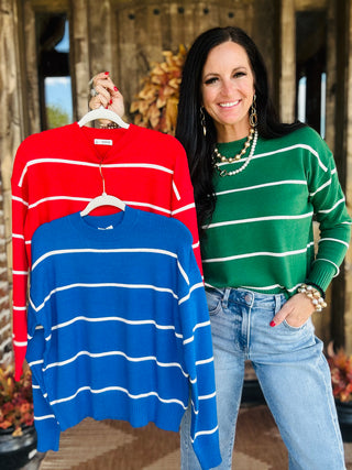 Oakley Blue Crew Neck Striped Sweater-Sweaters-HYFVE-Motis & Co Boutique, Women's Fashion Boutique in Carthage, Missouri
